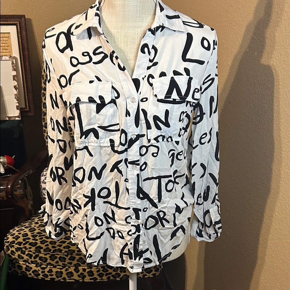 Women's Black and White Graphic Button-Up Shirt
